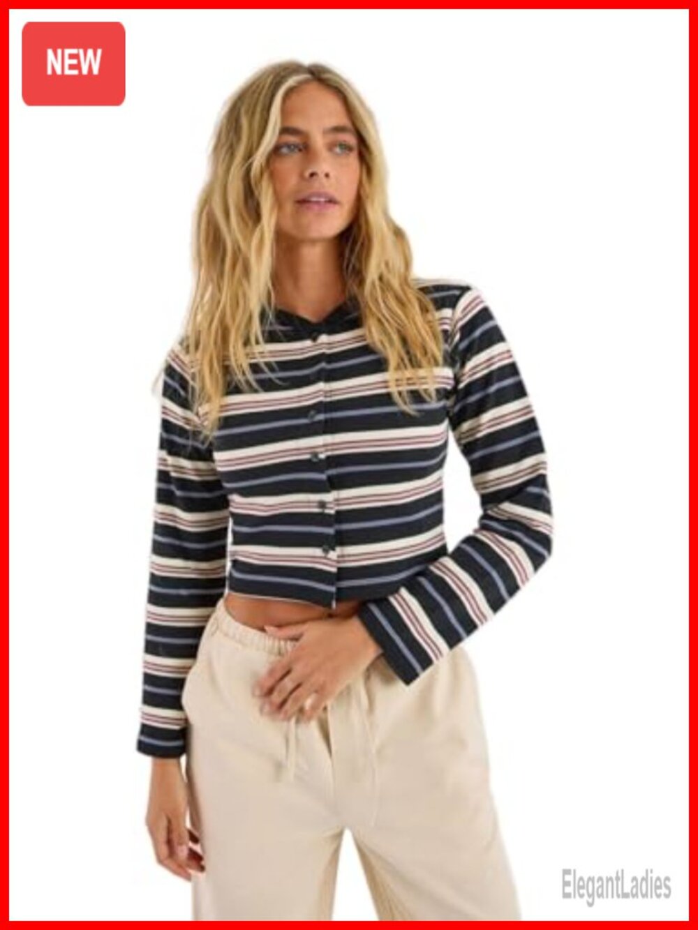 Button Front Stripe Henley Top Cropped Long Sleeve Jersey
